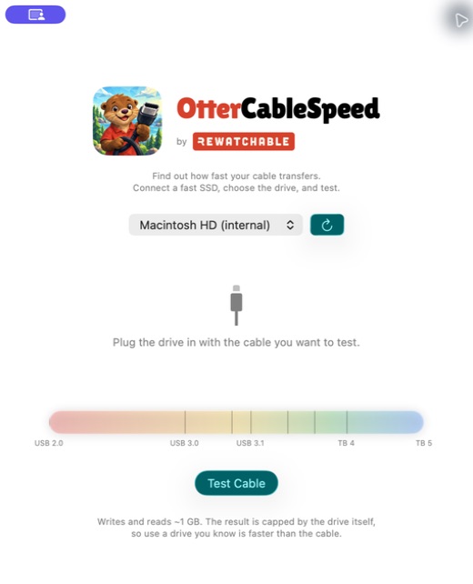 The OtterCableSpeed Mac app, with a drive selector, USB-to-Thunderbolt speed meter, and Test Cable button.