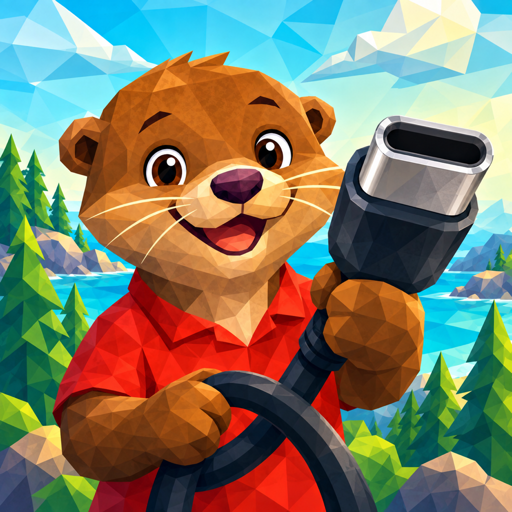 A cheerful otter in a red shirt holding up an oversized USB-C cable in a faceted coastal forest.
